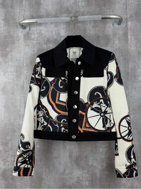 Hermes Black, White & Orange Printed Cropped Jean Jacket